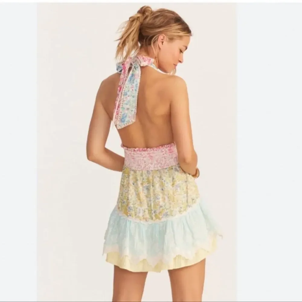 Love Shack Fancy Cambria Colorblock Tiered Halter Mini Dress Size XXL NEW